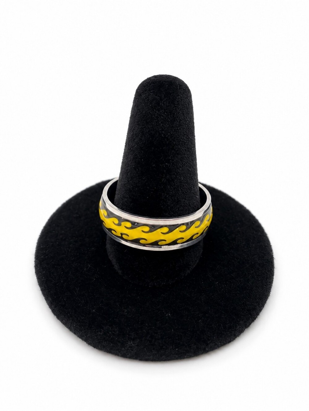 Men’s Stainless Steel Yellow Wave Pattern Ring Size 11.5 Surf Style Band